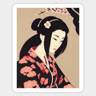 Ukiyo-e Japanese Art - Beautiful Woman Sitting Under Cherry Blossom Sticker